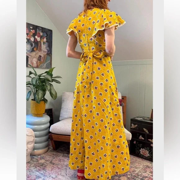 Vintage 70s Floral Yellow Maxi Dress - Picture 5 of 5